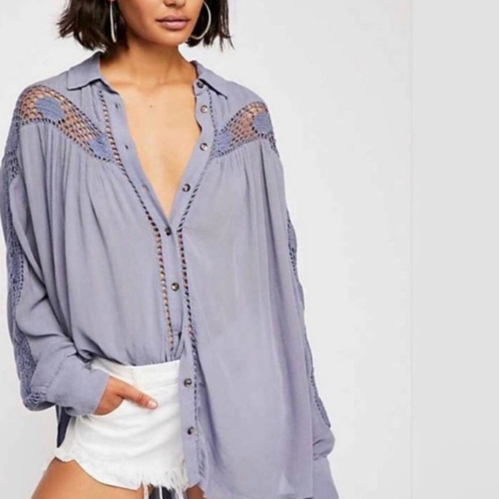 Free People Katie Bird Dusty Blue Crochet Lace Detail Button-Down Tunic